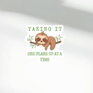 May include: A sticker featuring a cartoon sloth resting on a branch. The sloth is brown with a cream-colored face and is surrounded by green leaves. The text "TAKING IT" and "ONE FLARE UP AT A TIME" are in green.