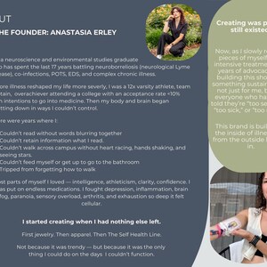 May include: The image features text about the founder, Anastasia Erley, and her journey with chronic illness. It includes a photo of the founder and text about her experience with Lyme disease and the creation of her brand. The text also includes the phrase "Creating was proof I still existed."
