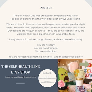 May include: A webpage for The Self Health Line Etsy shop, featuring text about the brand's mission and products. The page includes a photo of various items, including a plush avocado, a pink pillow, and a jar of bath salts.
