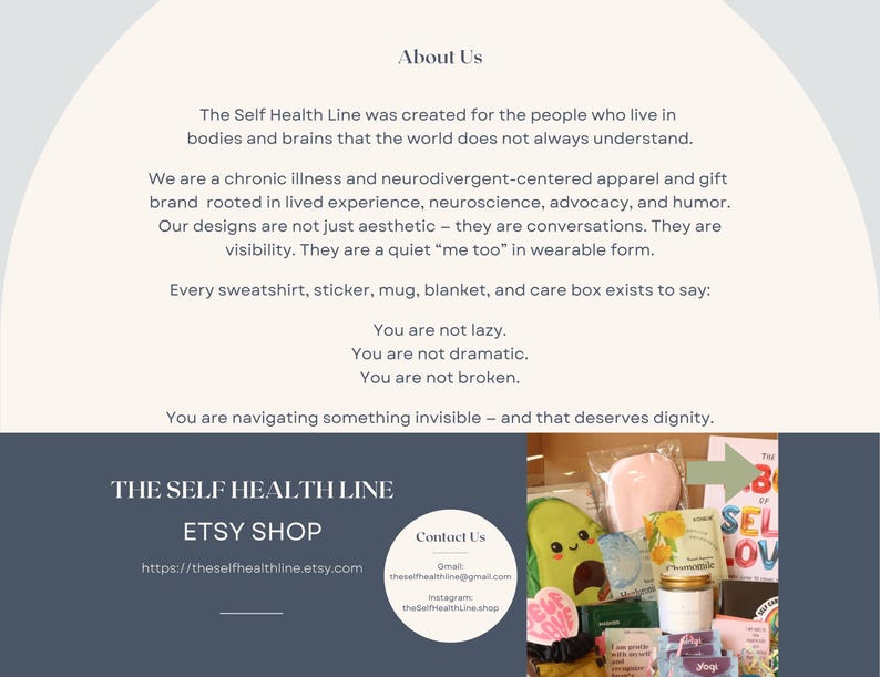 May include: A webpage for The Self Health Line Etsy shop, featuring text about the brand's mission and products. The page includes a photo of various items, including a plush avocado, a pink pillow, and a jar of bath salts.