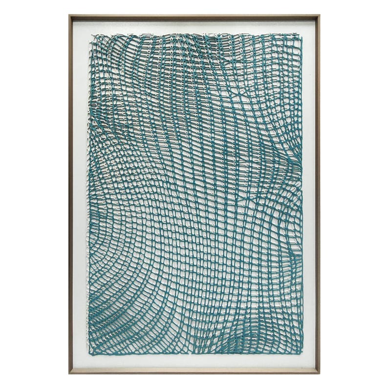 May include: Framed artwork featuring a teal-colored, woven net design against a white background. The artwork is encased in a light brown wooden frame, creating a modern and textured aesthetic. The net pattern adds depth and visual interest.