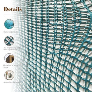 May include: Close-up of a teal-colored, grid-like structure with a white background. The image includes the word "Details" at the top, along with circular illustrations highlighting hand coloring, 3D engraving, and an aluminum alloy frame. Mounting fittings are also shown.