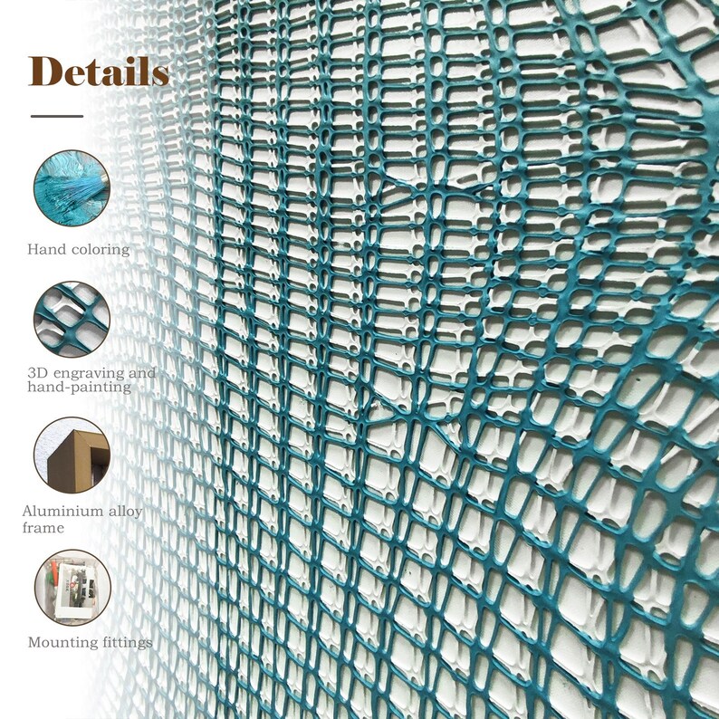 May include: Close-up of a teal-colored, grid-like structure with a white background. The image includes the word "Details" at the top, along with circular illustrations highlighting hand coloring, 3D engraving, and an aluminum alloy frame. Mounting fittings are also shown.