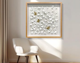 3D Textured Wall Art Leather Metallic Gold and White Embossed Butterfly Wall Sculpture Large Artwork Gradient Color Modern Artwork