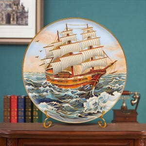 Placa de cobre cloisonné con diseño de velero, carta náutica, navegación tranquila, decoración para chimenea, escritorio de oficina, bandeja decorativa, obra de arte de 30 cm