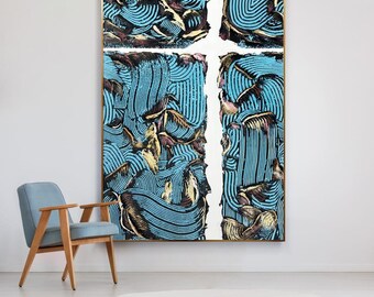 Lienzo abstracto grande con líneas azules. Arte abstracto extragrande para pared. Decoración de pared única para sala de estar, comedor o pasillo.