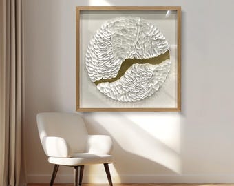 White Leather Wall Art Wall Sculpture Eclectic Decor Handcrafted Layered Texture with Wooden Shadow Frame Acrylic Protected Abstract Decor