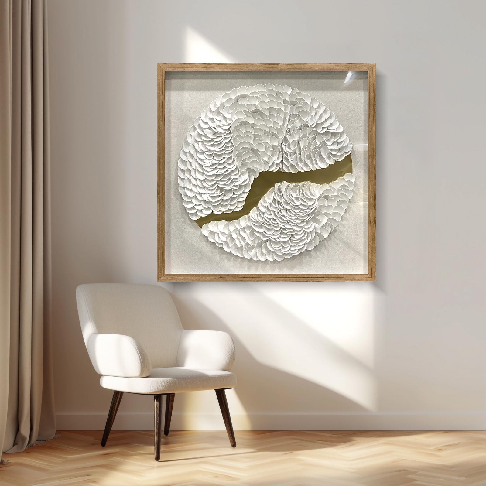Escultura de parede em couro branco, decoração eclética, textura em camadas feita à mão com moldura de madeira, decoração abstrata protegida por acrílico