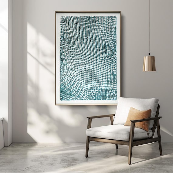 Handmade Acrylic Abstract Wall Art with 3D Textured Lines Serene Teal Wave Canvas Painting in Gallery Frame for Modern Home Office
