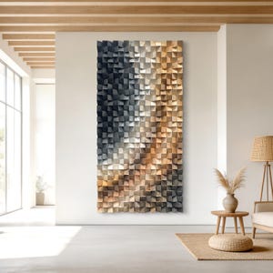 May include: A large rectangular wall art piece composed of numerous small, protruding wooden blocks arranged in a grid. The blocks feature a gradient color transition from deep charcoal black on the left to light natural wood tones on the right.