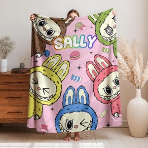 Custom Flannel Blanket With Labubu Theme, Personalized Cute Labubu Blanket, Labubu lover Gift, Pink Blue Kid Blanket For Girl, Gift for Her