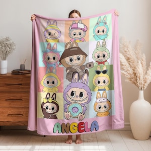Custom Flannel Blanket With Labubu Theme, Personalized Cute Labubu Blanket, Labubu lover Gift, Pink Blue Kid Blanket For Girl, Gift for Her