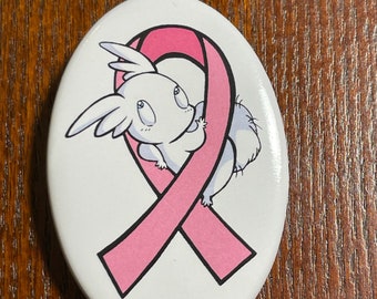 Pink Ribbon Beebo ( Angel Bunny )- tin pin/badge