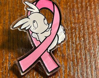 Pink Ribbon Beebo ( Angel Bunny )- acrylic pin/badge