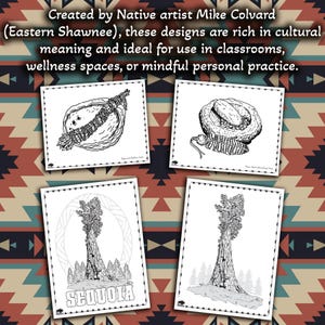 May include: Four black and white art prints with Native American designs. The prints feature illustrations of a wrapped object, a coiled object, and two images of a sequoia tree. The word "SEQUOIA" is printed on one of the prints.