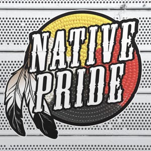 May include: A circular sticker featuring the text NATIVE PRIDE in white letters with a black outline. The background is a segmented circle of yellow, red, and black dots. Two feathers with black and white shading are attached to the left side.