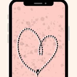 May include: A smartphone screen displays a digital art design of a heart. The heart is formed from a series of black and white teardrop shapes against a pink background with gray splatter effects. The phone has a black border.