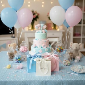 Puede incluir: Una tarta de tres pisos con glaseado azul y rosa, adornada con flores y decoraciones en forma de coraz&oacute;n, se encuentra sobre una mesa con globos, bolsas de regalo y tarros de caramelos. La mesa est&aacute; cubierta con un mantel azul claro.