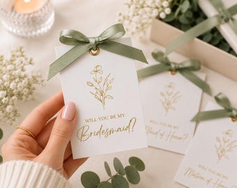 Olive sage Bridesmaid proposal card tag, will you be my Bridesmaid tag, be my matron of honor, boho wedding card tag in sage olive