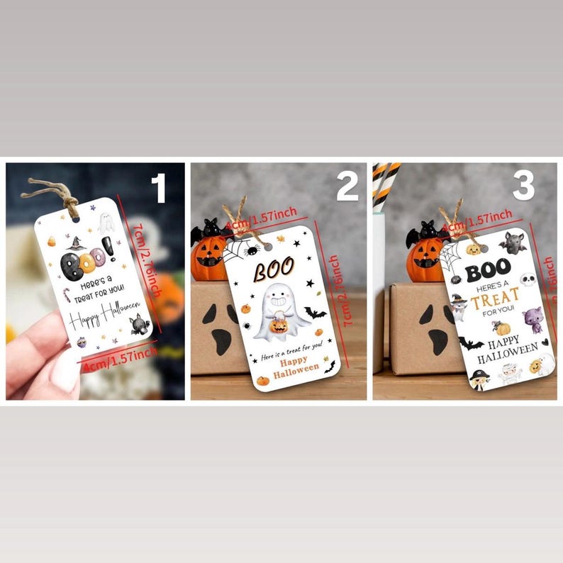 May include: Rectangular Halloween gift tags with the word "BOO" and various Halloween-themed illustrations. Each tag is approximately 4cm x 7cm (1.57 x 2.76 inches) and includes the text "Here's a treat for you! Happy Halloween."