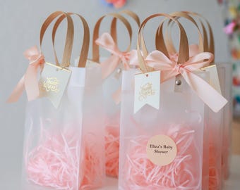 Favor bags, Personalized gift bags welcome guests, Blush, peach, Pink Small Elegant aesthetic goodie Bags with handles, custom printed name