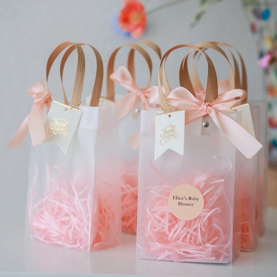 Favor bags, Personalized gift bags welcome guests, Blush, peach, Pink Small Elegant aesthetic goodie Bags with handles, custom printed name