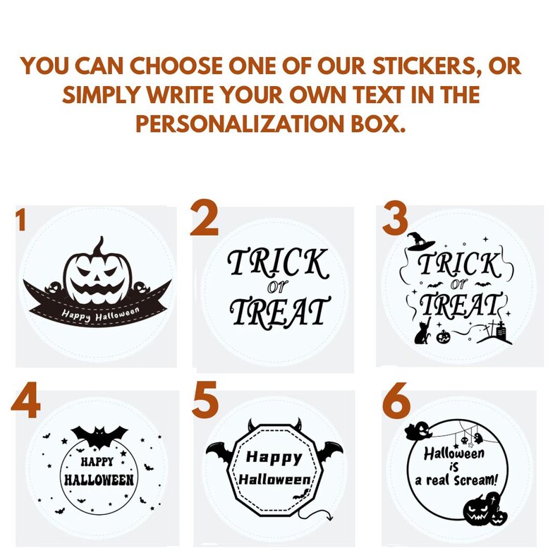 Peut inclure: Six autocollants sur le th&egrave;me d'Halloween, en noir et blanc. Les motifs incluent une citrouille, l'expression &laquo; Trick or Treat &raquo;, des chauves-souris et d'autres &eacute;l&eacute;ments effrayants. Le texte en haut encourage la personnalisation.
