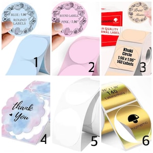 May include: Assortment of round and square labels in various colors and designs. The labels are printed with text and graphics, including "Round Labels", "Blue/1.96", "Pink/1.96", "Print Master", "Khaki Circle 1.96 x 1.96", "140 Labels", "Thank You", and "Phomemo".