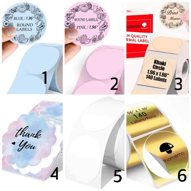 May include: Assortment of round and square labels in various colors and designs. The labels are printed with text and graphics, including "Round Labels", "Blue/1.96", "Pink/1.96", "Print Master", "Khaki Circle 1.96 x 1.96", "140 Labels", "Thank You", and "Phomemo".