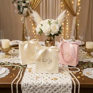 Puede incluir: Tres bolsas de regalo, dos crema y una rosa, con "Thank You" impreso, est&aacute;n sobre una mesa con un camino de mesa de macram&eacute;. Un arreglo floral de rosas blancas y hierba de la pampa est&aacute; en un jarr&oacute;n dorado. La mesa est&aacute; decorada para un evento especial.