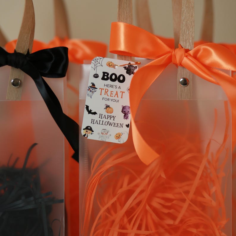 May include: Clear cellophane treat bags filled with orange paper shreds. Each bag has a wooden handle, a satin ribbon bow, and a tag that reads "BOO Here's a TREAT for YOU! Happy Halloween" with Halloween-themed illustrations.