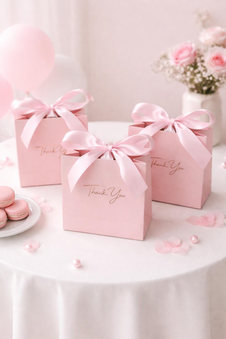 Puede incluir: Tres bolsas de regalo rosas con lazos de sat&eacute;n, cada una con la inscripci&oacute;n dorada "Thank You". Las bolsas est&aacute;n sobre una superficie blanca, con macarons rosas y un jarr&oacute;n de rosas rosas en el fondo. Confeti y perlas rosas esparcidas.