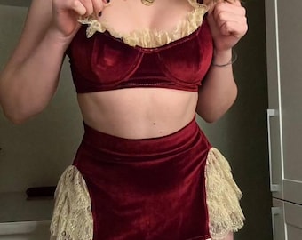 Conjunto de lencería de terciopelo burdeos con liguero de encaje – Conjunto de ropa interior romántica hecho a mano