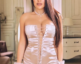 Satin Corset Mini Dress, Lace-Up Bodycon, Blush Bridal Boudoir Outfit