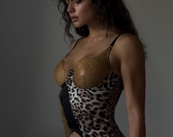 Handmade Leopard Lace Lingerie Bodysuit – Exotic Gift for Her