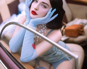 Powder Blue Opera Gloves – Long Stretch Vintage Bridal Evening Accessories