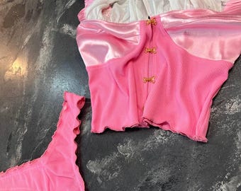 Rosa Spitze Satin Dessous Set | Handgefertigte Romantische Braut Unterwäsche (Spezialanfertigung)