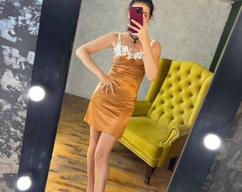 Vestido lencero de satén de seda con encaje, camisón sexy, regalo de lencería nupcial