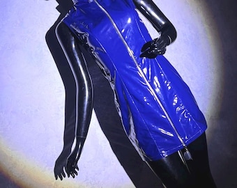 Handmade Glossy Blue Vinyl Mini Dress, High Neck, Futuristic Rave Wear