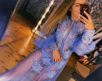Sheer Blue Lace Robe, Bridal Mesh Robe, Handmade Lingerie Cover Up, Romantic See Through Dressing Gown