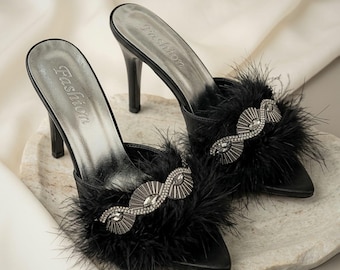 Black Feather Art Deco Rhinestone Mules, Dark Luxury Bridal Heels