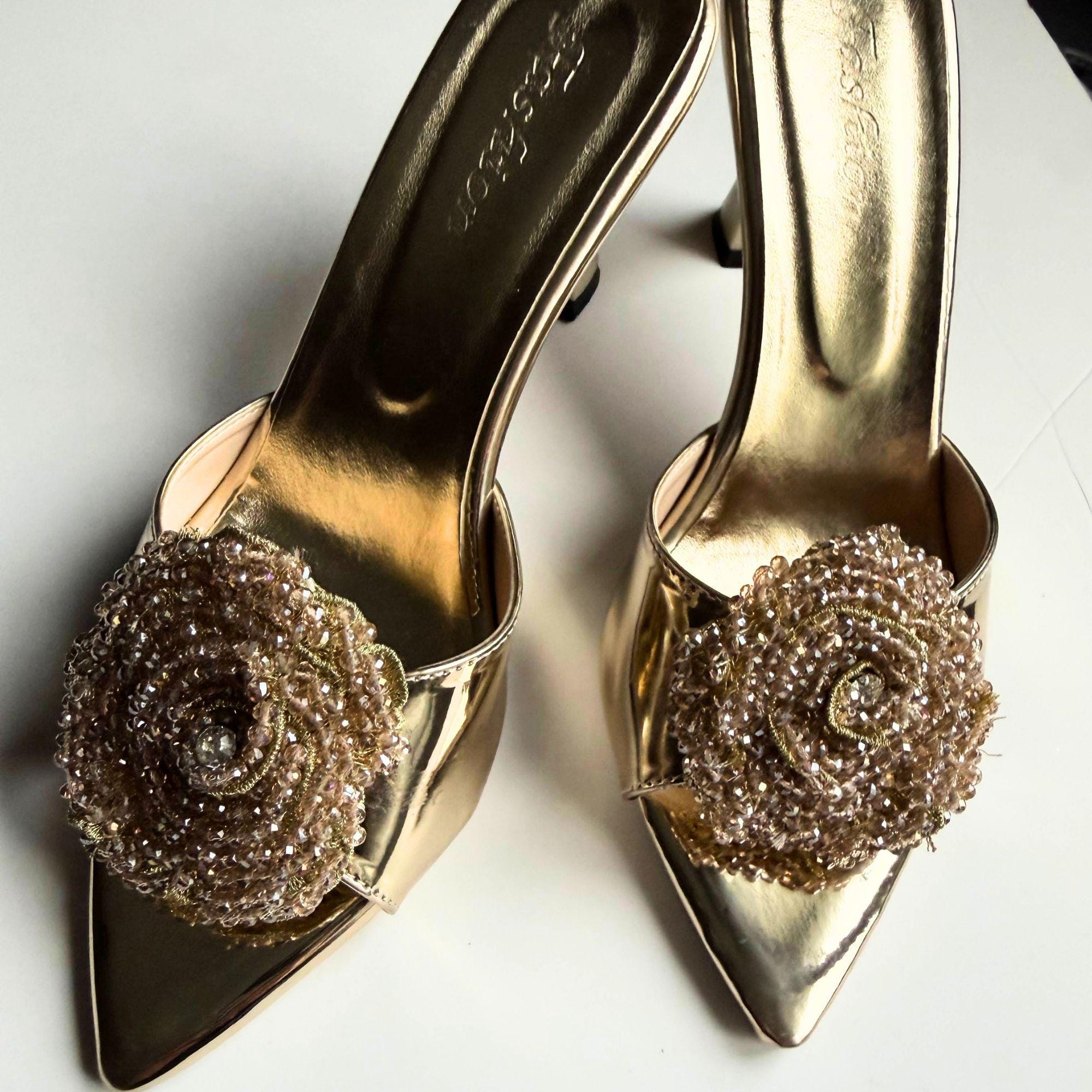 Luxury Gold Bridal Mule Heels Crystal Rose Wedding NYE Party Shoe