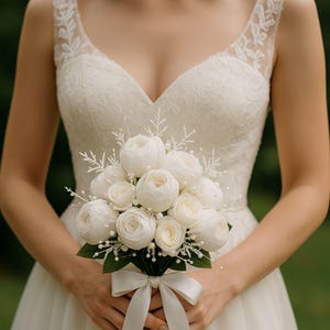 Handmade White Bridal Bouquet Gift for Bride | Artificial Peony Rose Wedding Flowers | Rustic Elegant Bridesmaid Bouquet