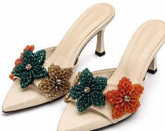 Ivory Pointed Toe Mule Heels with Hand-Beaded Floral Appliqués, Colorful Bridal and Wedding Guest Shoes