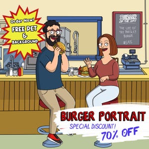 CARTOON PORTRAIT, Bobs Burger Custom Portrait, Burger Portrait, Couple Drawing, Fathers Day Gift, Gift for Father, Birthday Gift, Potrait