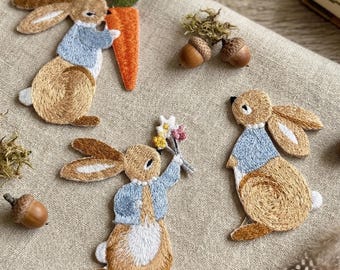 Bunny Iron-On Embroidered Patch Carrot Flower Rabbit Applique DIY Decor