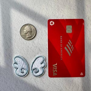 May include: A red Bank of America Visa credit card with a silver logo and chip, a silver quarter, and two small, light blue embroidered wing patches. The patches have a detailed, feathery design.