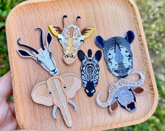 Wildtier Kopf Stickerei Patch Elefant Antelope Yak Zebra Nashorn Giraffe Tasche Kleidung Dekorationen