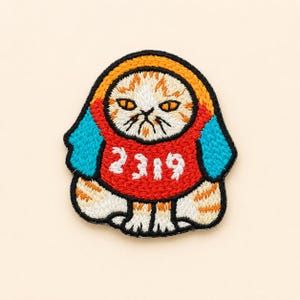 May include: An embroidered patch featuring a grumpy orange tabby cat wearing a red hooded sweatshirt with the white text 2319. The cat has yellow eyes, a pink nose, and is framed by a bright orange hood with blue accents on the sides.
