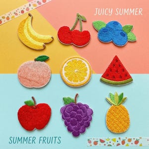 Puede incluir: Parches de frutas bordadas que incluyen un plátano, cerezas, arándanos, melocotón, rodaja de limón, rodaja de sandía, manzana, uvas y piña. También se ve el texto "JUICY SUMMER" y "SUMMER FRUITS".